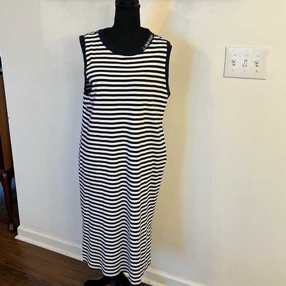 Vintage Calvin Klein Cotton Horizontal Striped Navy and White Dress, Sz. XL. - Picture 1 of 15